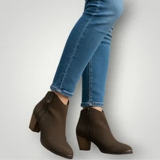 Diba Leather Ankle Booties Womens 9M Taupe Brown Suede Stacked Heel Zip Boots