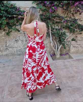 ZARA NEW SS24 WOMAN MIDI PRINTED LINEN BLEND DRESS WHITE RED