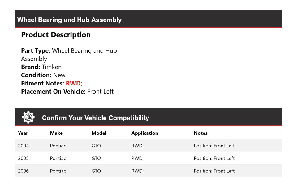 Conjunto de cojinete de rueda y buje delantero izquierdo Timken para Pontiac GTO 2004-2006 tracción trasera Foto 2 de 4