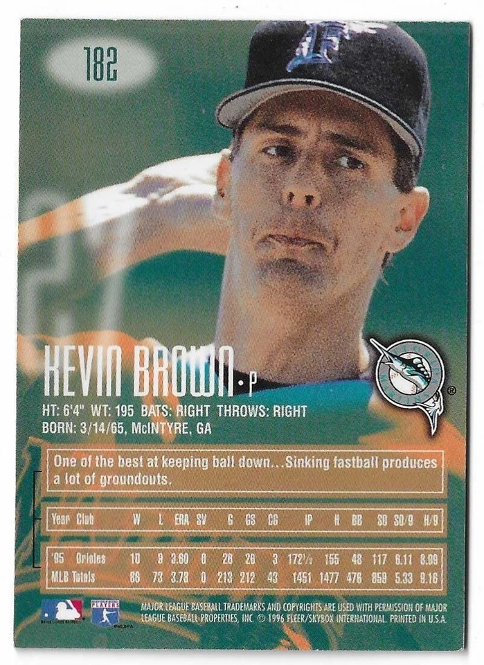 1996 E-Motion XL Baseball Kevin Brown Card #182 Florida Marlins - Image 2 of 2