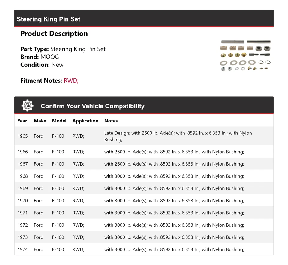 For 1965-1974 Ford F-100 RWD Steering King Pin Set MOOG 1965 1966 1967 1968 1969 - Image 2 of 4