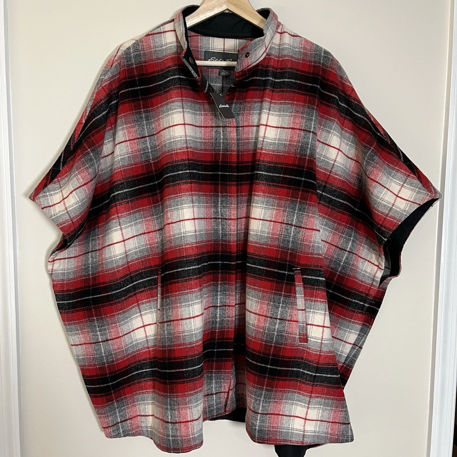 Eddie Bauer Jacket Womens XL Red Plaid Cape Poncho Wool Blend Blanket Equestrian