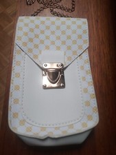 White Geometric Pattern Phone Bag Flap Gold Chain Shoulder Crossbody Stylish