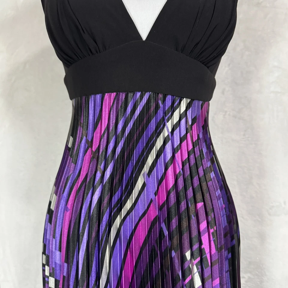 Betsy & Adam Boho Accordion Pleated Maxi Dress Size 4 Black Purple Groovy 70s - Image 2 of 4