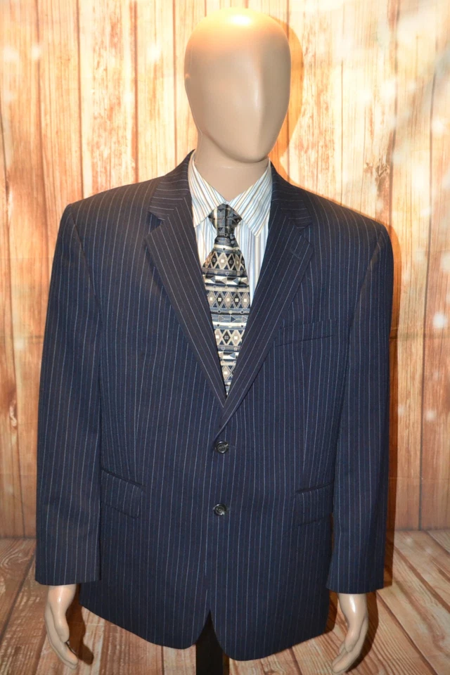 Chaps Men Wool Pinstriped Navy Blue 2 Front Button Suit Sz 44SH Wst 34x28 - Image 2 of 4