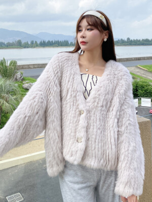 Women 100% Real Rabbit Fur Knitted V Collar Coat Casual Jacket Outwear Warm Tops