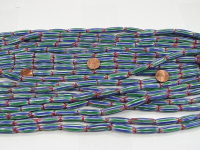15 Strands 15'' India Handmade Long Oval Blue / Green Chevron Glass Beads (K-9)  