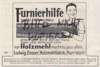 MURR, Werbung 1929, Ludwig Zinsser Holzmehl-Fabrik Furnierhilfe