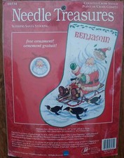 NIP Needle Tresures SLEDDING SANTA W/PENGUINS STOCKING cross stitch kit 08534