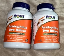 2 Bottles NOW FOODS Acidophilus Two Billion Probiotics 250 Capsules 07/25 NEW