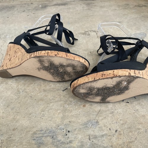 White House Black Market Wedge Espadrilles 8.5 Black Ribbon Tie-Up Cork Heels - Picture 5 of 6