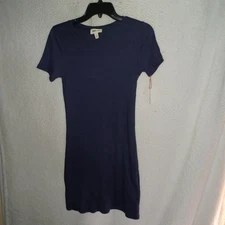 Open Edit Womens's Small Ribbed Short Sleeves Bodycon Mini Dress Navy Blue (NQ)