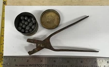 Antique Bullet Mold with Lead Balls and Tin Container