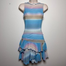Women Y2K Indie Fairy Mini Dress Small Blue Chiffon Blue Pink Ombre Mesh Cutout