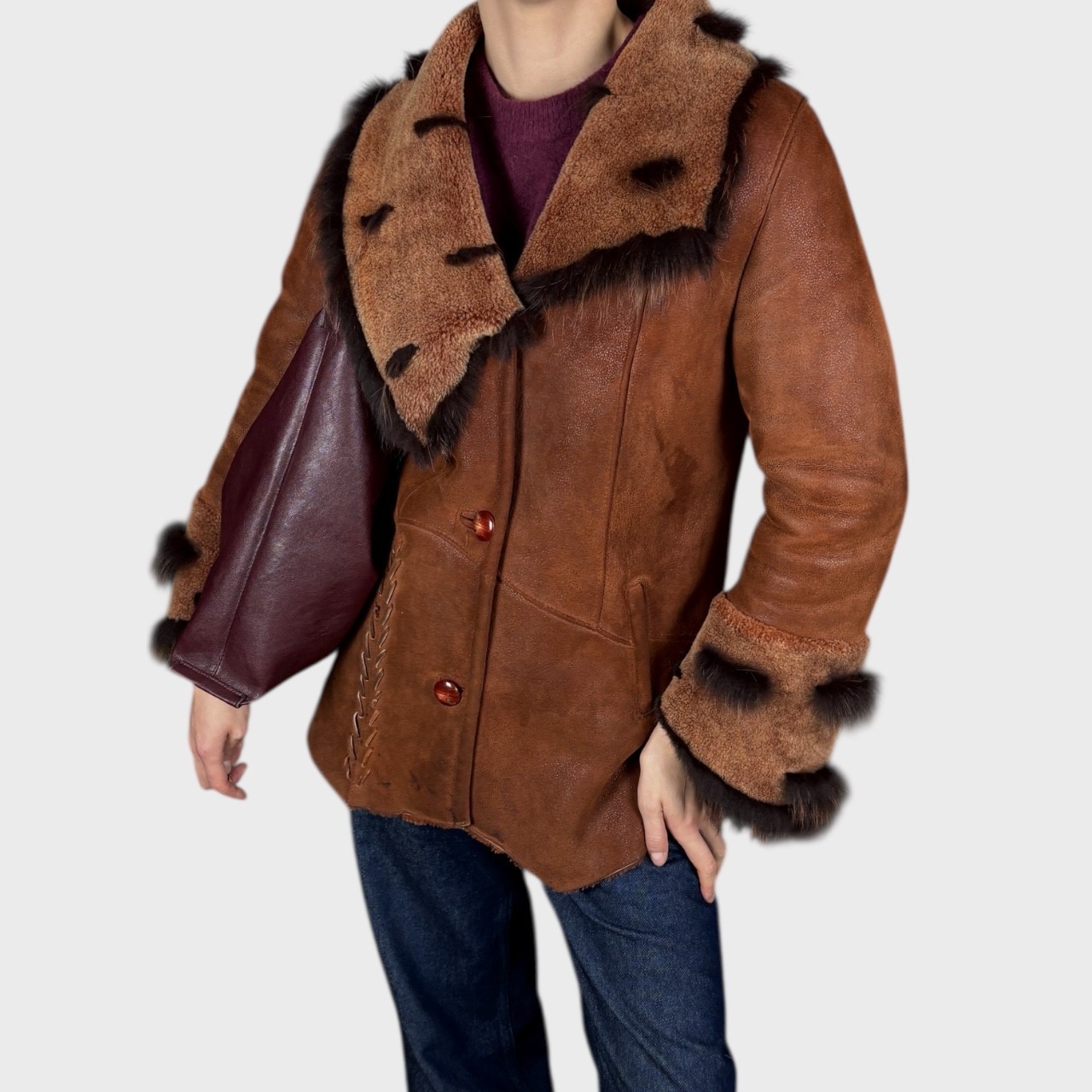 Vintage Brown Shearling Coat  Lambskin Leather Jacket  Size US 6/8  EU 38/40 image 2