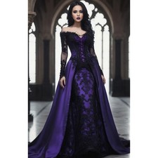 Vintage Victorian Prom Dress Purple And Black Gothic Special Occasion Gown Lace