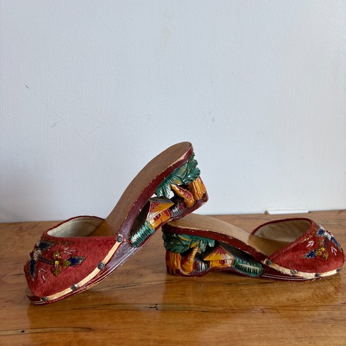 Vintage 1940s Philippines Hand Carved Wood Sandals Shoes Tiki Beading 5.5-6