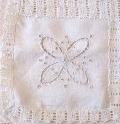 Antique Embroidery Sampler French doily, White linen,white thread