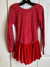     Girls Red With Silver Hearts Ice Skating Dress With Velvet Skirt Long Sleeves