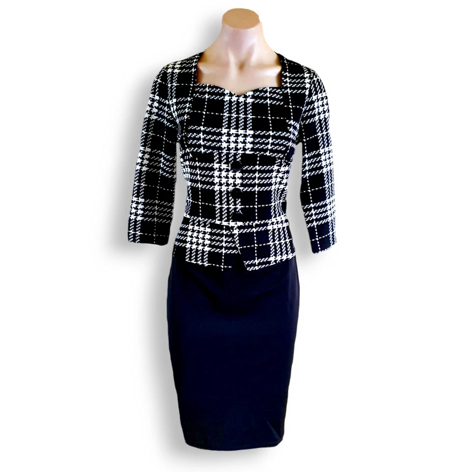 1990's Inspired black + white plaid, 3/4 sleeve, knee length dress fits AU 10-12 - Image 4 of 4