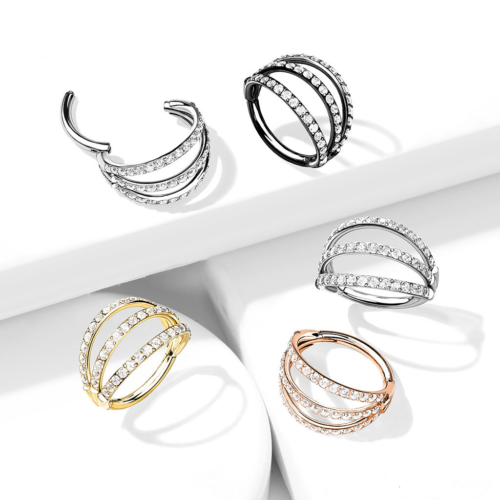 Piercing Anneau Oreille en Acier Chirurgical et 3 Rangs de Zircons Éclatants
