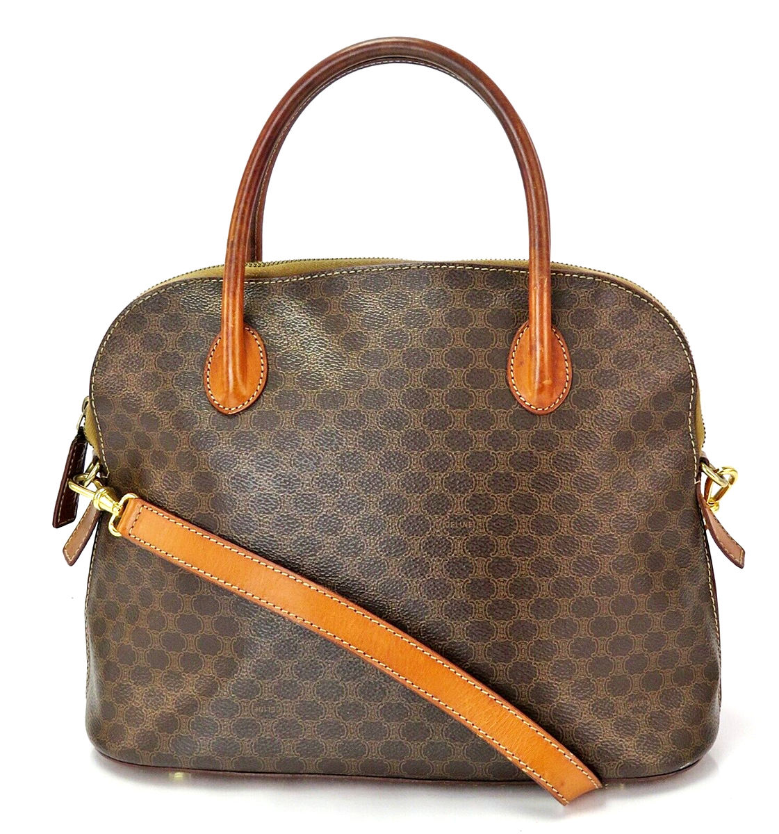 Authentic CELINE Brown Macadam PVC Canvas Alma 2 Way Shoulder Bag