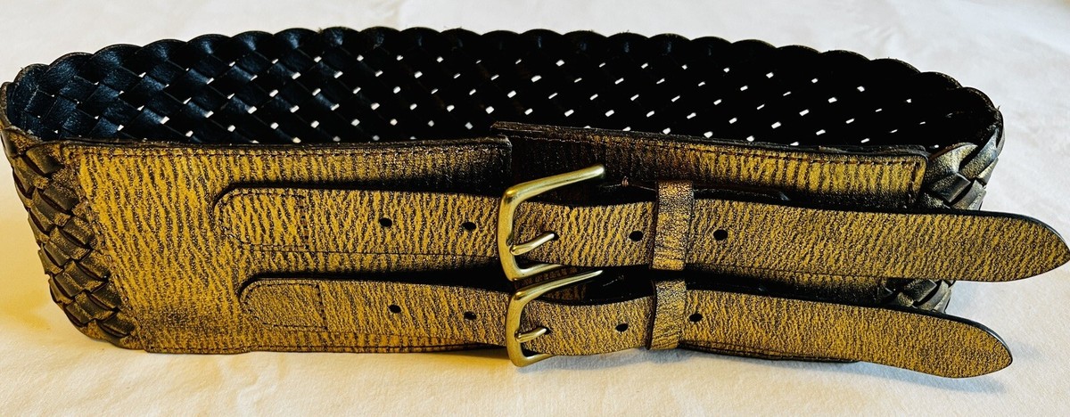Lines Pelle Leather Gold/Black Braided Double Buckle Belt 