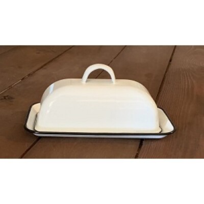 NEW Enamelware COVERED BUTTER DISH White Black Retro Vintage Look