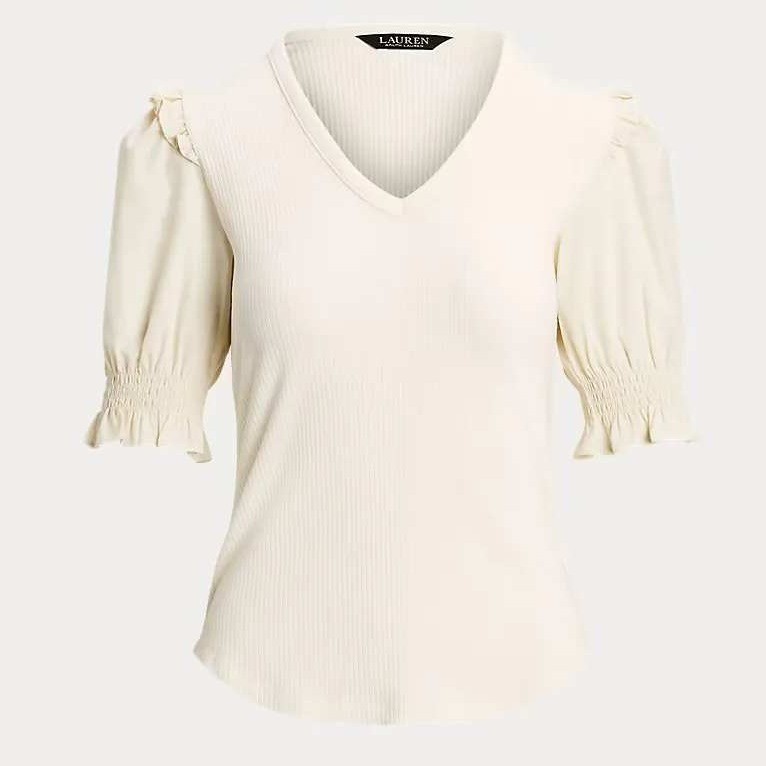 Lauren Ralph Lauren Rib Knit Puff Sleeve Top Women XL Cream Cottagecore Boho NWT