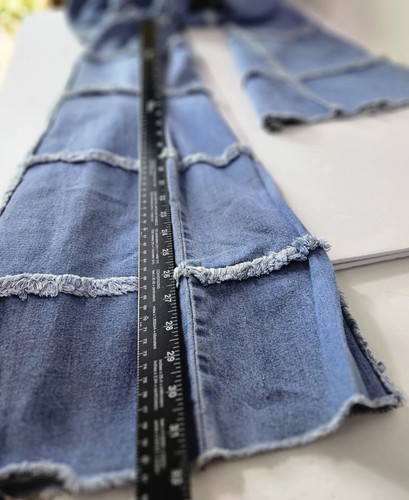 70s SZ 13 WINDOWPANE Patchwork Jeans Frayed Seams TALON Zipper 26" BELLBOTTOMS - Picture 14 of 16