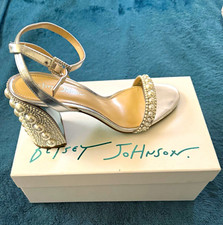 Betsey Johnson Women  s Silver Strappy Ankle Strap Sandals Pearl Beaded 11M