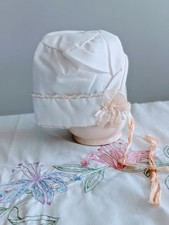 VTG 1950s Infant Girl Bonnet Satin Lace White Bow Doll Baby Hat Retro Ties Chin
