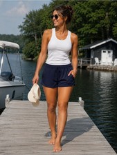 Lands End Navy Swim Shorts Size 16 Drawstring Lined Quick Dry Beach Pool