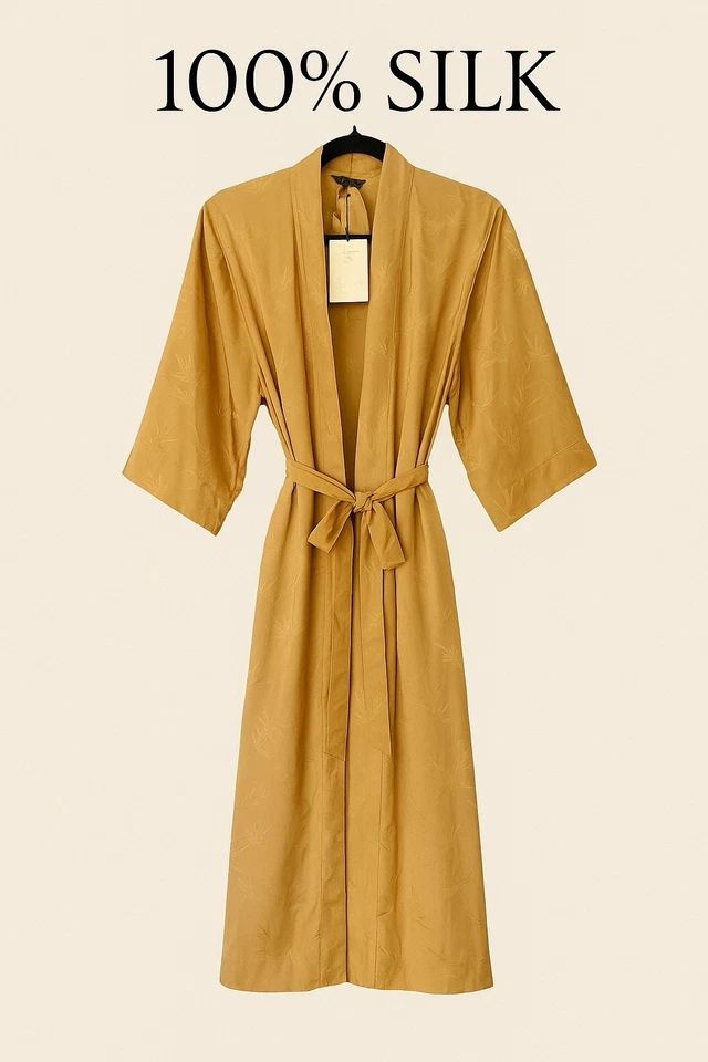 Dreamsacks 100% Silk Jacquard Bathrobe Kimono Robe S/M Gold Bamboo Motif NWT - Image 2 of 4