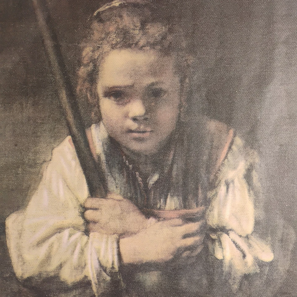 Pintura al óleo sobre lienzo vintage Niña con escoba reproducción después de Rembrandt Foto 4 de 4