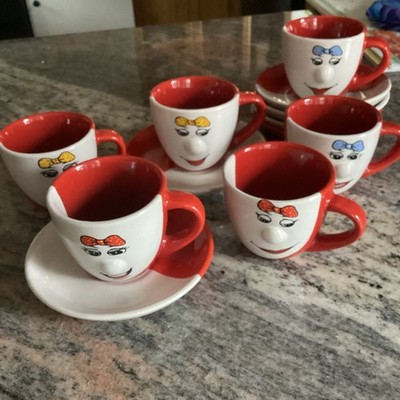 Set of 6 Face Red White Expresso Cups & Saucers - Funny Nose Mugs Happy Casa