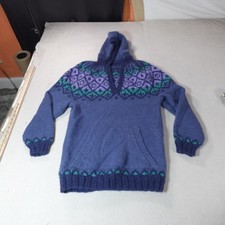 Vintage Fair Isle Sweater Womens Medium Purple Hand Knit Hooded Pullover Nordic