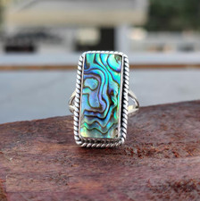 Sterling Silver Abalone Shell Rectangle Gemstone Statement Ring All Size R397
