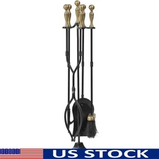 Brass Fireplace Tool Set 5 Pieces Wrought Iron Ergonomic Design Heavy Duty Brass