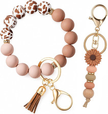 2PCS Bracelet Key Ring Set, Cute Car Key Chain Wristlet, Silicone Beaded Bangle