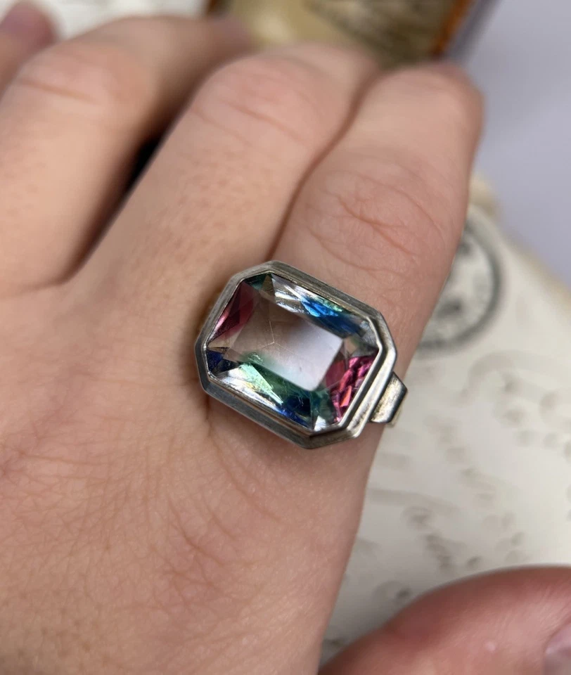 Art Déco Ring Silber Rheinkiesel 835 Gr. 57 Vintage iris glass Glas Statement - Bild 3 von 4