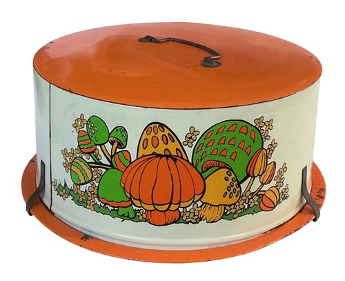 Vtg Decoware Mushroom Cake Carrier Tin Metal Orange w/ Lid Retro 70s MCM Groovy