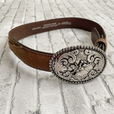 Boys Nocona Brown Leather Belt With Bull Rider Silver Buckle