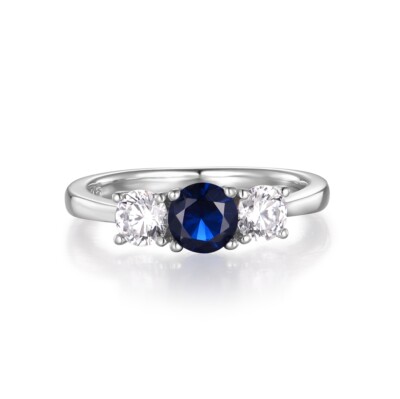 Damen massiv Sterling 925 Silber 3 Steine blau und weiß Saphir Eternity Ring
