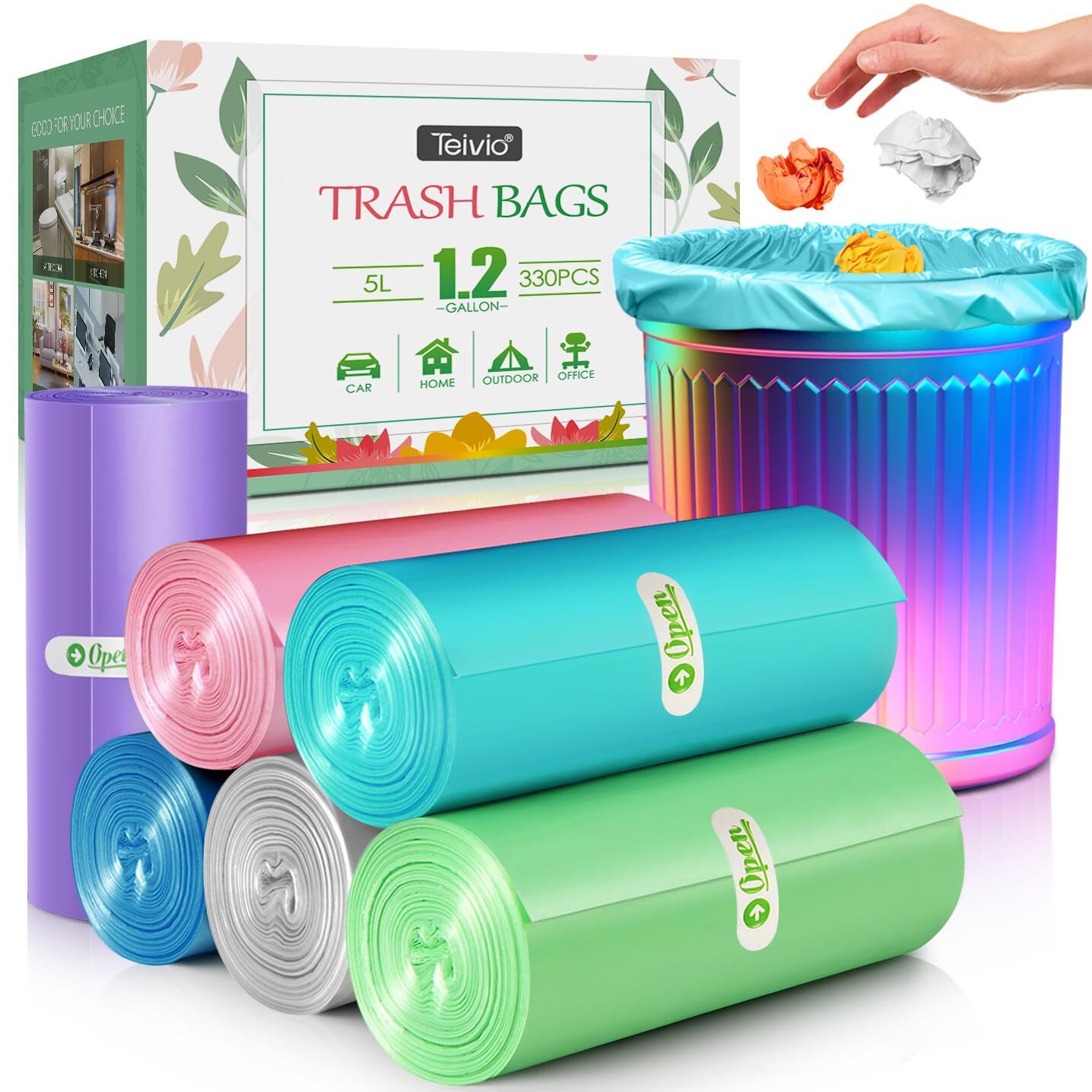 1.2 Gallon/330pcs Strong Trash Bags Colorful Clear Garbage Bags by , Bathroom...