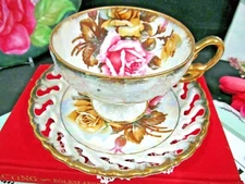 ROYAL SEALY tea cup and saucer pink roses and yellow rose footed teacup Japan 