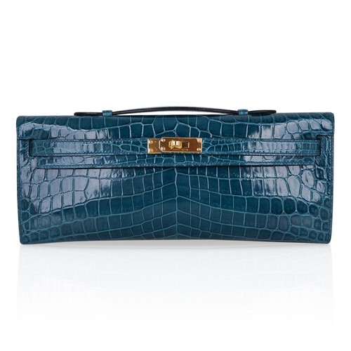 Hermes Kelly Cut Clutch Bag Blue Colvert Exotic Gold Hardware
