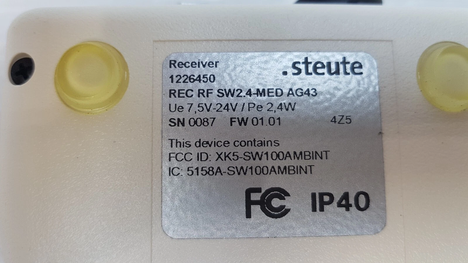 steute label: Receiver 1226450, REC RF SW2.4-MED AG43, Ue 7.5V-24V, Pe 2.4W, IP40