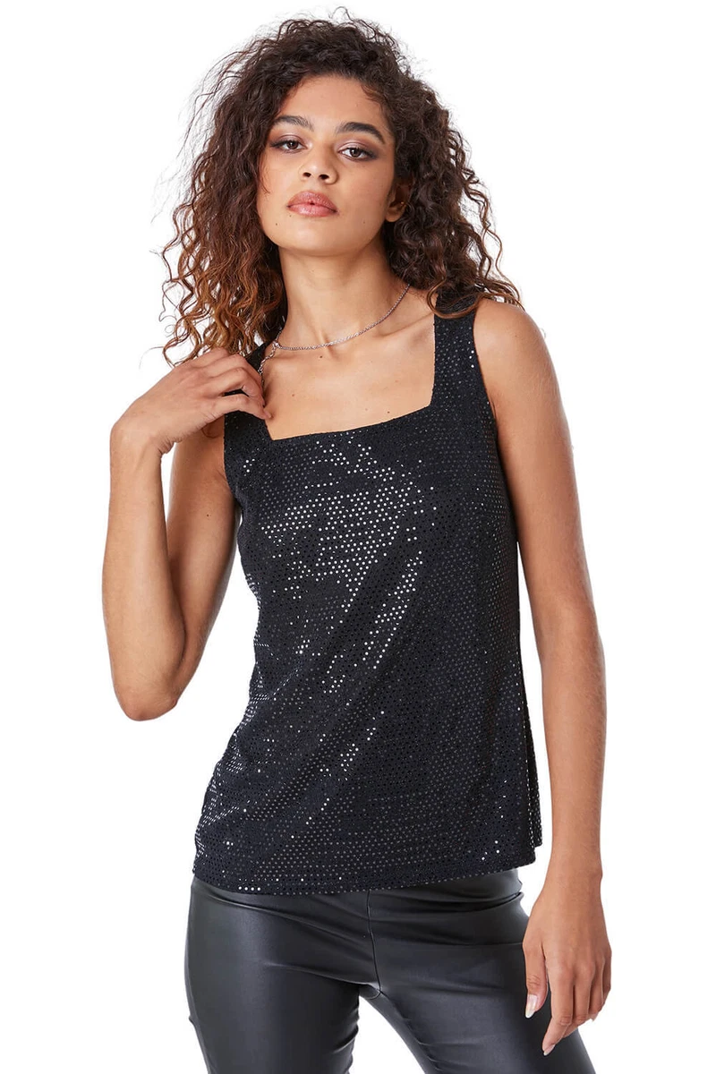 Sequin Sparkle Stretch Vest Top For Women UK - Ladies Roman Originals