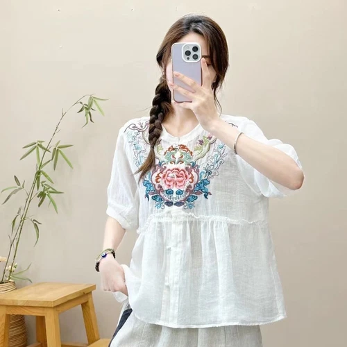 Camicia retrò sciolta etnica cotone lino ricamato top cardigan estivo cinese - Foto 16 di 29